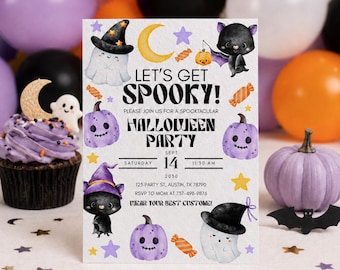 May include: A rectangular Halloween party invitation card featuring illustrations of ghosts in witch hats, bats, purple pumpkins, stars, and candy. The text reads: LET'S GET SPOOKY! PLEASE JOIN US FOR A SPOOKTACULAR HALLOWEEN PARTY SATURDAY SEPT 14 11:30 AM 2030.