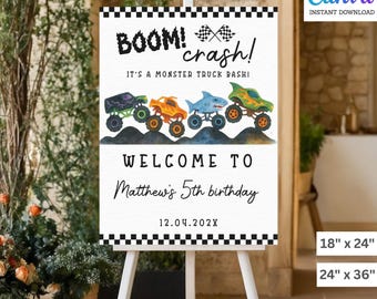Boom Crash Monster Truck Welcome Sign | Editable Birthday Party Sign | Monster Truck Party Decor | Race Car Theme Welcome Poster | BN13