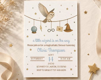 May include: A white baby shower invitation card featuring a brown owl, a crystal ball, a lightning bolt, glasses, an envelope, and a wizard hat hanging from a string. Text reads: a little wizard is on the way, Olivia Thompson, Sept 14 2030.