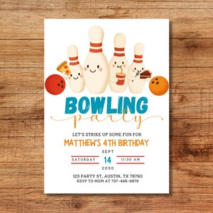 May include: Bowling party invitation with cartoon bowling pins, a red bowling ball, and an orange bowling ball. The invitation includes the text "Bowling Party" and details for Matthew's 4th birthday, including the date, time, and location.
