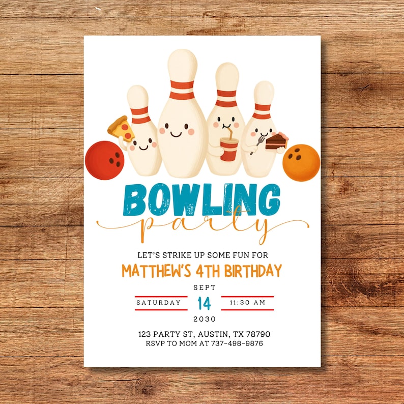 May include: Bowling party invitation with cartoon bowling pins, a red bowling ball, and an orange bowling ball. The invitation includes the text "Bowling Party" and details for Matthew's 4th birthday, including the date, time, and location.