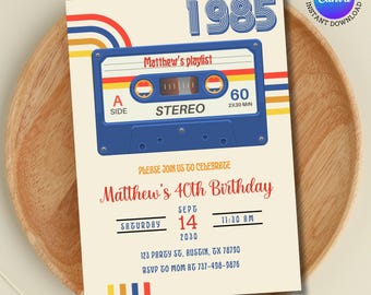 80s Party Invitation | 40th Birthday Invite | Retro Cassette Tape Theme | Editable Canva Template | Instant Download