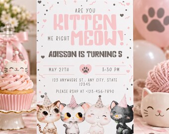 Kitten Birthday Invitation: Watercolor Cat Party, 5x7 (Editable Canva Template)