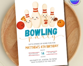 Bowling Party Invitation | Editable Canva Template | Kids Birthday Invite | Strike Up Some Fun | 4th Birthday Boy or Girl