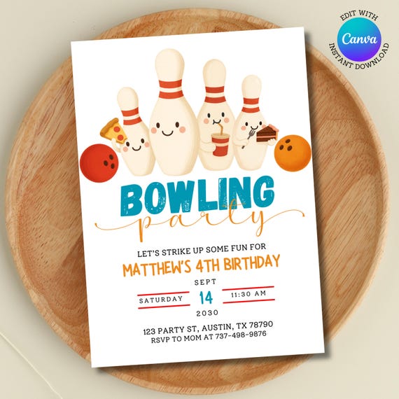 Bowling Party Invitation | Editable Canva Template | Kids Birthday Invite | Strike Up Some Fun | 4th Birthday Boy or Girl