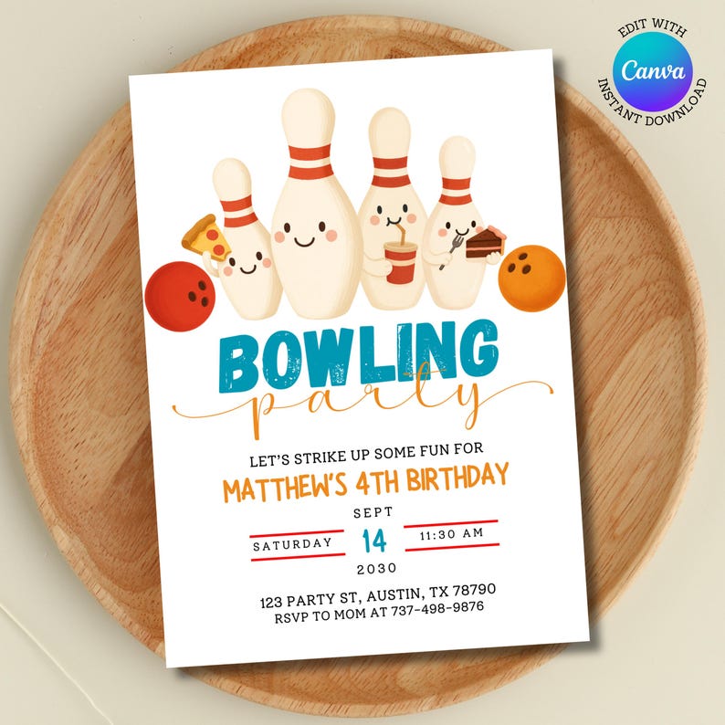 May include: A white invitation card with a bowling theme. The card features cartoon bowling pins, a bowling ball, and the text "Bowling Party" in blue and orange. It includes party details for Matthew's 4th birthday.