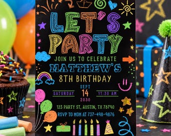Chalkboard Neon Birthday Invitation | Editable Kids Party Invite (5x7 Digital)