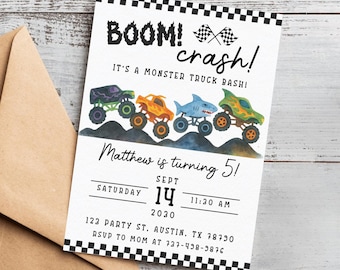 Monster Truck Birthday Invitation | Editable Canva Template | Boys 2nd Birthday Invite | Monster Jam Party | Watercolor Trucks Theme
