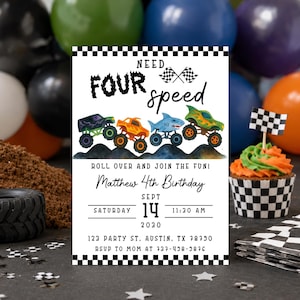 May include: A rectangular birthday invitation card with a black and white checkered border. The text reads: NEED FOUR speed, ROLL OVER AND JOIN THE FUN!, Matthew 4th Birthday, SEPT 14 2030, 11:30 AM, 123 PARTY ST. AUSTIN, TX 78790, RSVP TO MOM AT 737-498-9876.