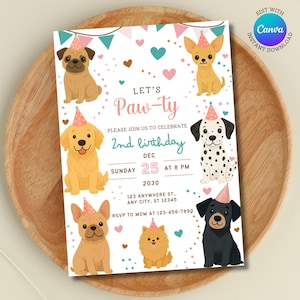 Let’s Pawty Geburtstagseinladung | Hündchen Party einladen | Bearbeitbare Canva Vorlage | Geburtstag | Hunde Mottoparty für Kids