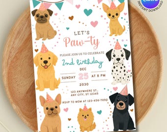 Puppy Dog Birthday Invitation: Pawty Theme, Editable Canva Template