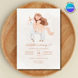 Princess Unicorn Birthday Invitation | Fairytale Party Invite | Editable Canva | Printable Girls Birthday