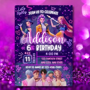 May include: A vibrant purple birthday invitation featuring animated characters. The invitation reads "Addison 6th Birthday" with the date, time, and location details. Decorative elements include stars, hearts, and the text "Let's Party."