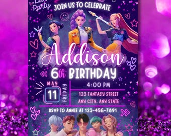 Kpop Demon Hunters Birthday Invitation, huntrix, saja boys, Kpop Demon Hunters party, kpop theme, demon hunter