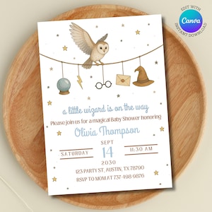 Invitation de baby shower de petit sorcier | Thème de la chouette magique | Modèle de toile modifiable | Invitation non sexiste | Idée de baby shower Harry