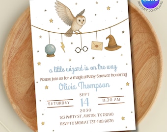 Invitación para baby shower de Pequeño Mago / Tema de Búho Mágico / Plantilla de Canva editable / Invitación de género neutro / Idea para baby shower de Harry