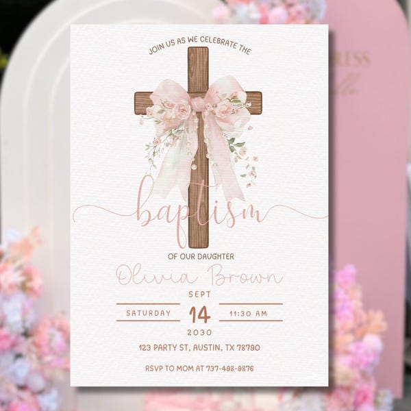 Pink Floral Baptism Invitation | Girl Christening, Canva Template (5x7 inches)