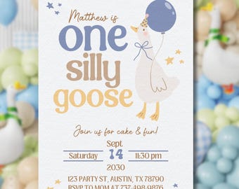 Blue Silly Goose eerste verjaardagsuitnodiging | Genderneutraal (bewerkbare canvassjabloon)