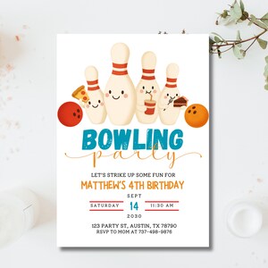 May include: A white invitation with the words "Bowling Party" in teal and yellow script. The invitation features cartoon bowling pins, a red bowling ball, and the text "Matthew's 4th Birthday".