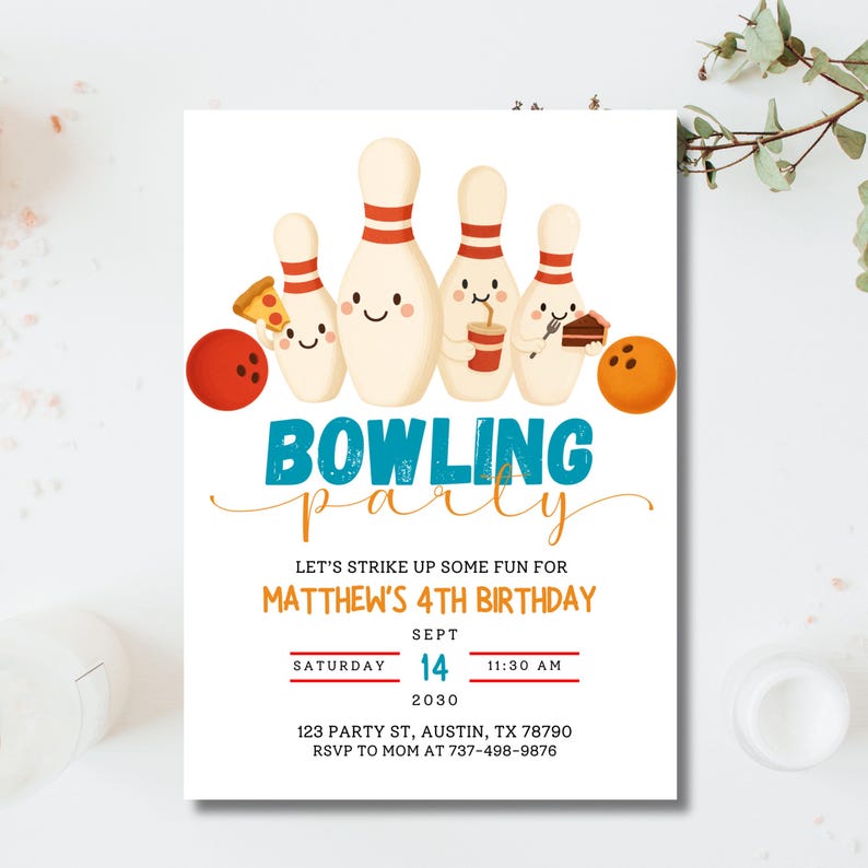 May include: A white invitation with the words "Bowling Party" in teal and yellow script. The invitation features cartoon bowling pins, a red bowling ball, and the text "Matthew's 4th Birthday".