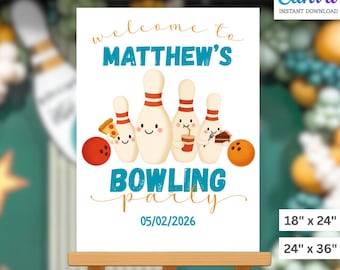 Bowling Party Welcome Sign Editable Template | Any Age Birthday Bowling Sign | Printable Bowling Alley Decor | Edit in Canva