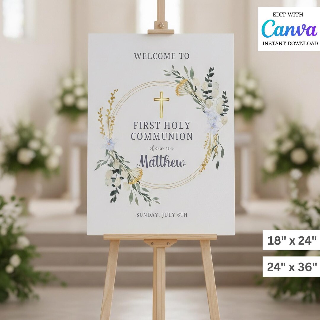 Communion Post Sign First Holy Communion Welcome Sign | Greenery Communion Poster ...