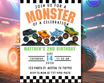 Monster Truck 2nd Birthday Invitation | Watercolor Trucks, Canva Template (Digital)