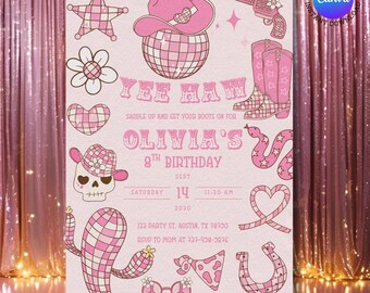 Invitación de cumpleaños estilo discoteca vaquera rosa / Fiesta del Oeste (Plantilla editable de Canva, descarga digital de 5x7)