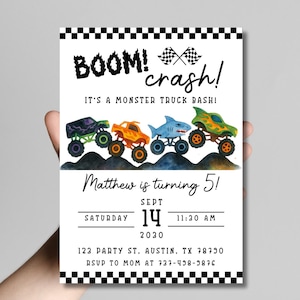 Monster Truck Birthday Invitation | Editable Canva Template | Boys 2nd Birthday Invite | Monster Jam Party | Watercolor Trucks Theme image 9