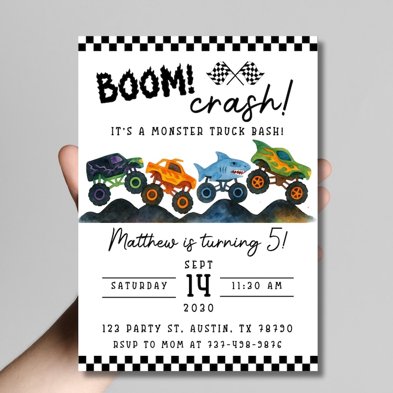 Monster Truck Birthday Invitation | Editable Canva Template | Boys 2nd Birthday Invite | Monster Jam Party | Watercolor Trucks Theme image 9