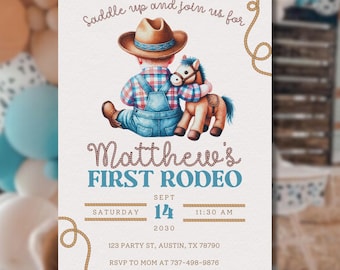 First Rodeo Invitation | Western Cowboy Birthday Invite | Editable Canva Template | Boy Rodeo Party