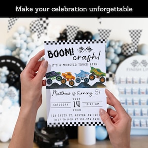 Monster Truck Birthday Invitation | Editable Canva Template | Boys 2nd Birthday Invite | Monster Jam Party | Watercolor Trucks Theme image 8