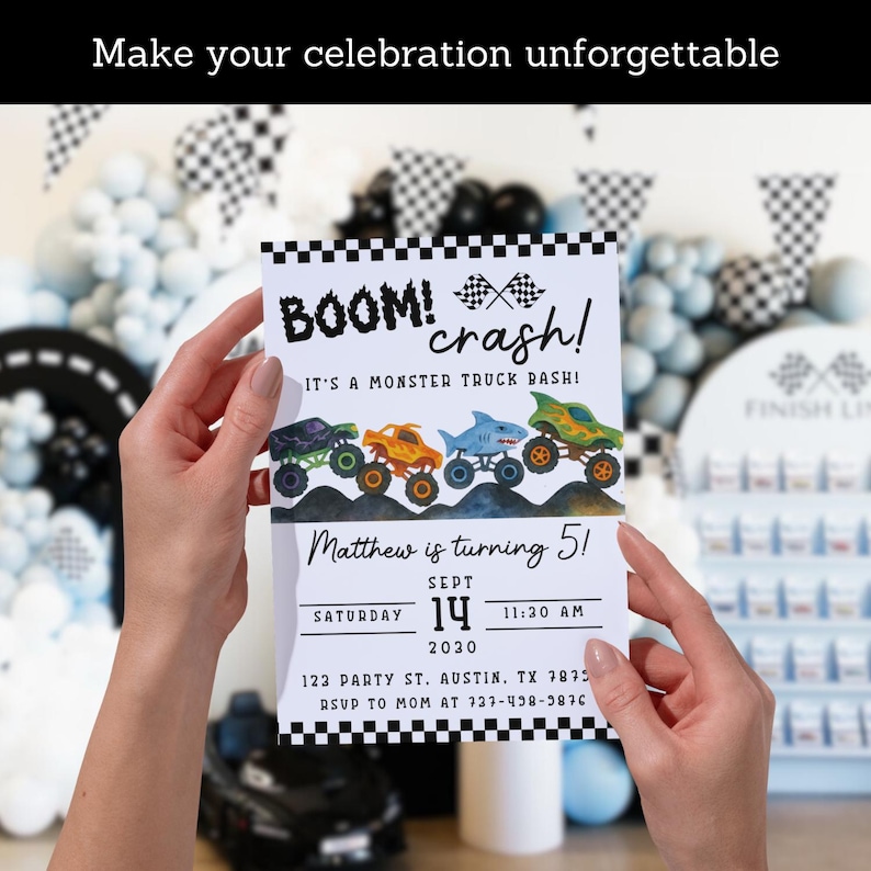 Monster Truck Birthday Invitation | Editable Canva Template | Boys 2nd Birthday Invite | Monster Jam Party | Watercolor Trucks Theme image 8