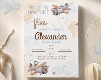 May include: A rectangular birthday invitation card featuring watercolor illustrations of light blue and brown airplanes in a sky with clouds. The text reads: MY OH MY HOW TIME flies, JOIN US TO CELEBRATE Alexander 1ST BIRTHDAY, SEPT 14 2030, 11:30 AM.