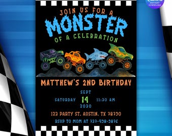 Monster Truck Birthday Invitation | Editable Canva Template (5x7 in)