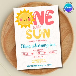 One in the Sun First Birthday Invitation | Editable Canva Template | Summer 1st Birthday Girl Invite | Sunshine Theme | Digital Download