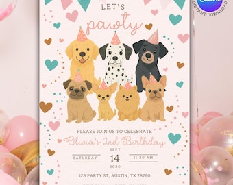 Welpe Geburtstagseinladung | Hund Pawty, Kinderparty (bearbeitbare Canva-Vorlage)