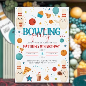 Bowling Birthday Invitation | Kids Bowling Party Invite | Editable Canva Template | Boy Girl Birthday | Strike Party Invitation