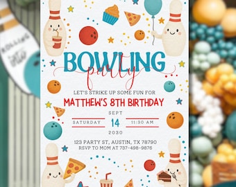 Bowling Birthday Invitation | Kids Bowling Party Invite | Editable Canva Template | Boy Girl Birthday | Strike Party Invitation