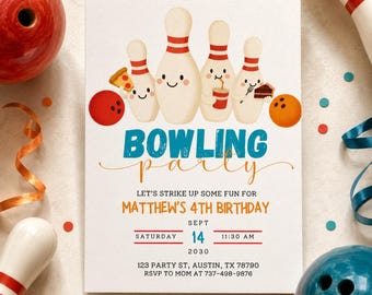 May include: A rectangular invitation card featuring four cartoon bowling pins with faces, one holding a pizza slice, one a drink, and one a cake slice. Text reads: BOWLING PARTY, LET'S STRIKE UP SOME FUN FOR MATTHEW'S 4TH BIRTHDAY, SEPT 14 2030.
