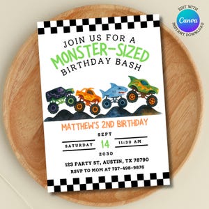 Monster Truck Birthday Invitation: Watercolor Monster Bash, Canva Template (Digital Download)