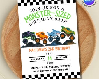 Monster Truck Birthday Invitation | Editable Canva Template | Watercolor Monster Bash Invite | 2nd Birthday Boy | Digital Download