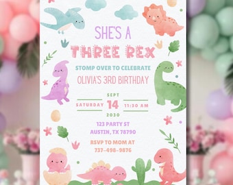 Drei Rex Mädchen-Geburtstagseinladung | Rosa Dinosaurier-Party einladen | 3. Geburtstag Mädchen | Bearbeitbare Canva Vorlage