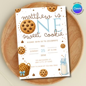 Milk and Cookies 1st Birthday Invitation: Editable Canva Template (Digital Download)