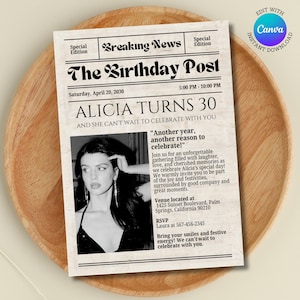 新聞の誕生日招待状 | 速報ニュースの誕生日招待状 | 編集可能な Canva テンプレート | ビンテージ新聞のテーマ | 30 歳の誕生日