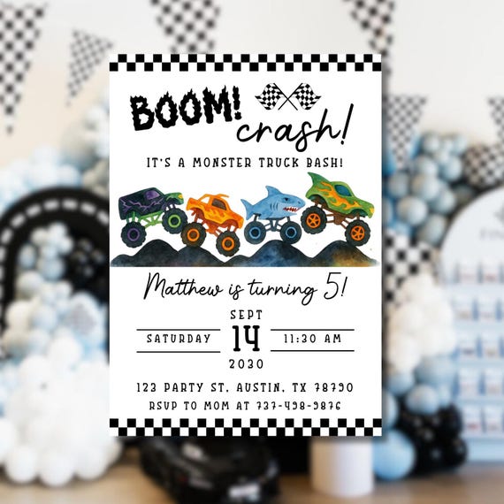 Monster Truck Birthday Invitation | Editable Canva Template | Boys 2nd Birthday Invite | Monster Jam Party | Watercolor Trucks Theme