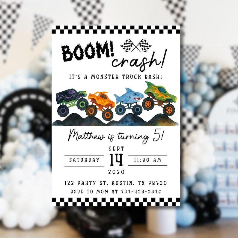 Monster Truck Birthday Invitation | Editable Canva Template | Boys 2nd Birthday Invite | Monster Jam Party | Watercolor Trucks Theme image 10