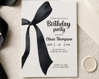 Black Bow Birthday Invitation: Elegant Minimalist Canva Template (Digital)