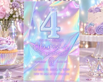 Holographic Birthday Invitation | Iridescent Pastel Party, Editable Canva Template
