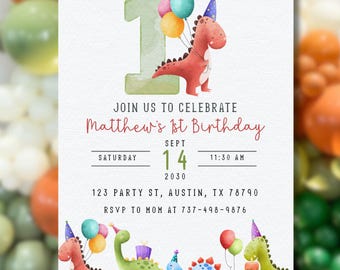Dinosaur 1st Birthday Invitation | Cute Dino First Birthday Invite | Editable Canva Template | Boy Birthday | Watercolor Dino Party